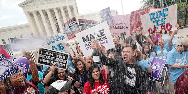 A celebration outside the Supreme Court, Friday, June 24, 2022, in Washington.