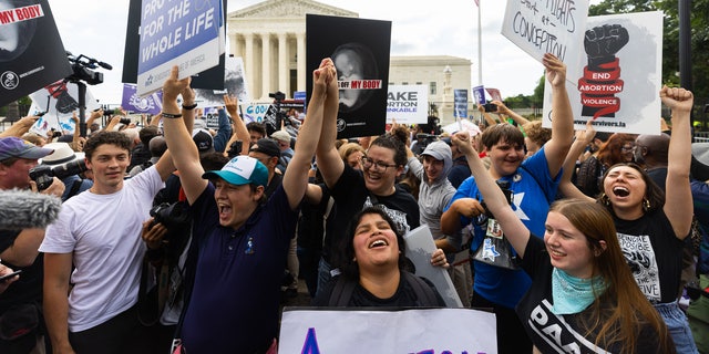 Pro-life crowd outside the court reacting to the SCOTUS decision.