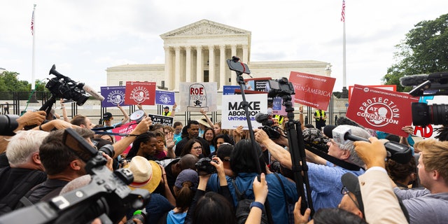 Crowds outside the Supreme Court reacting to the overturning of Roe. v. Wade. 