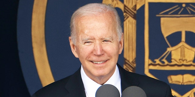 President Biden delivers the commencement address during the graduation and commissioning ceremony at the U.S. Naval Academy Memorial Stadium May 27, 2022, in Annapolis, Md. 