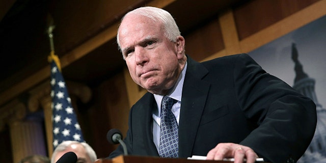 Sen. John McCain (R-AZ) speaks during a press conference at the U.S. Capitol on Feb. 5, 2015, in Washington, D.C. 