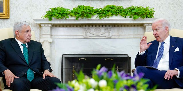 July 12, 2022: President Joe Biden speaks as he meets with Mexican President Andrés Manuel López Obrador in the Oval Office of the White House in Washington.