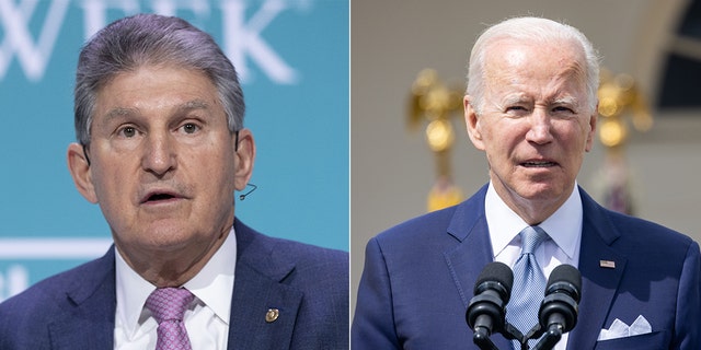 Sen. Joe Manchin, D-W.Va., left, and President Biden are at odds over a climate change provision in Democrats' sweeping spending bill.