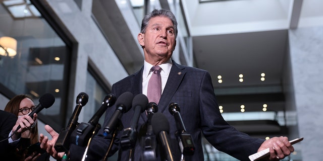 Sen. Joe Manchin speaks at a press conference outside his office on Capitol Hill Oct. 6, 2021, in Washington.