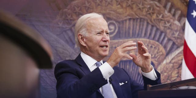 US President Joe Biden speaks in the Eisenhower Executive Office Building in Washington, D.C., US. 