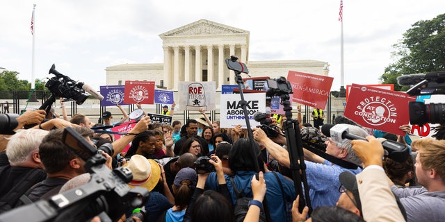 Crowds outside the Supreme Court reacting to the Dobbs ruling.