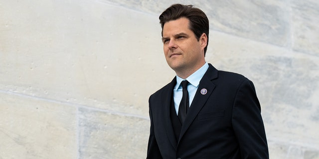 Rep. Matt Gaetz, R-FL., walks down the House steps at the Capitol after the last votes of the week on Friday, April 1, 2022.