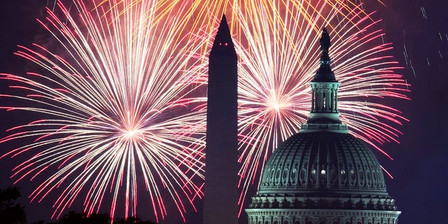 Fireworks explode over the National Mall in Washington, D.C.