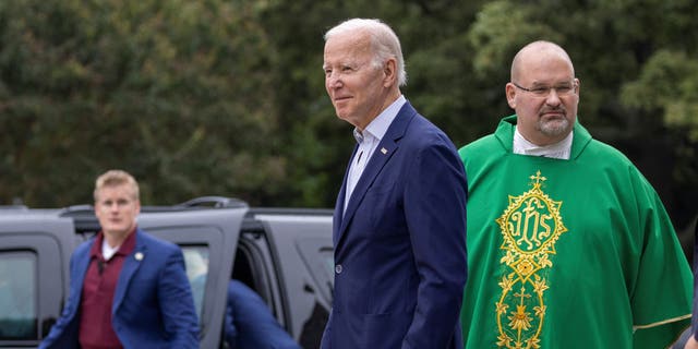 U.S. President Joe Biden departs from St. Edmond Catholic Church after attending a mass in Rehoboth Beach, Delaware.