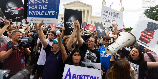 Pro-life crowd cheers over SCOTUS decision.