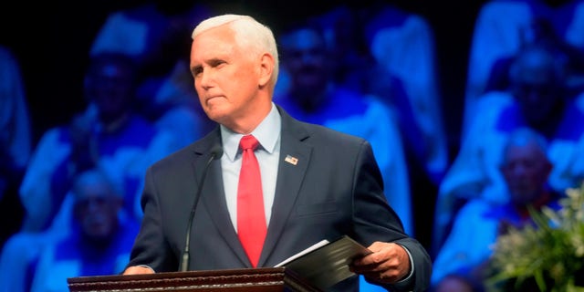 Former Vice President Mike Pence concludes his speech at Florence Baptist Temple Wednesday, July 20, 2022, in Florence, S.C. As he continues to mull a 2024 presidential run, Pence made his third visit to early-voting South Carolina in as many months to give remarks on "the post-Roe world."