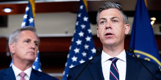 House Minority Leader Kevin McCarthy, Republican of California, and Representative Jim Banks (R), Republican of Indiana, holds a press conference on Capitol Hill in Washington, DC, June 9, 2022. 