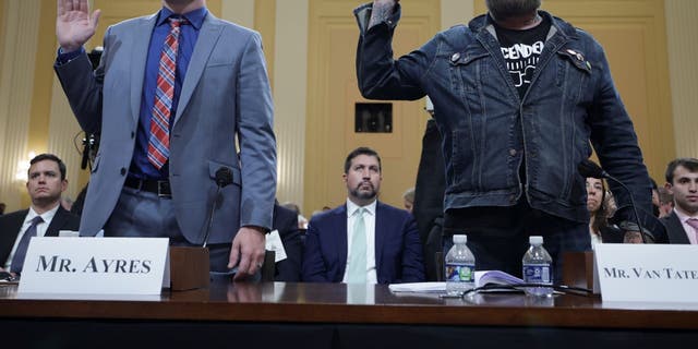 Stephen Ayres (L), who entered the U.S. Capitol illegally on January 6, 2021, and Jason Van Tatenhove (R), who served as national spokesman for the Oath Keepers and as a close aide to Oath Keepers founder Stewart Rhodes, are sworn-in during the seventh hearing by the House Select Committee to Investigate the January 6 Attack