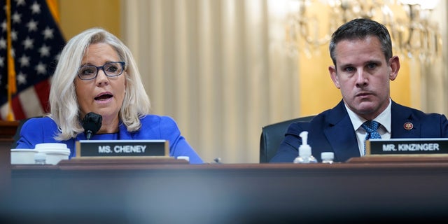 Vice Chair Liz Cheney, R-Wyo., gives her opening remarks as the House select committee investigating the Jan. 6 attack on the U.S. Capitol holds its first public hearing to reveal the findings of a year-long investigation, at the Capitol in Washington, Thursday, June 9, 2022. Rep. Adam Kinzinger, R-Ill., listens at right.