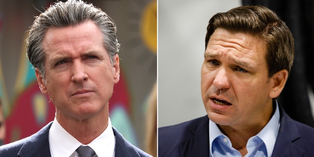 Left: California Gov. Gavin Newsom. Right: Florida Gov. Ron DeSantis.