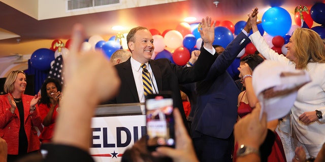 NY GOP Candidate for Governor Rep. Lee Zeldin (R-NY) waves to supporters as he takes the stage during his election night party at the Coral House on June 28, 2022 in Baldwin, New York. 