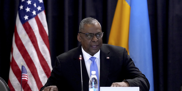 U.S. Secretary of Defense Lloyd Austin delivers a speech as he hosts a meeting of the Ukraine Security Consultative Group at Ramstein Air Base in Ramstein, Germany.