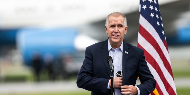 U.S. Sen. Thom Tillis speaks during a campaign event with Vice President Mike Pence at the Piedmont Triad International Airport in Greensboro, N.C., Tuesday, Oct. 27, 2020. 