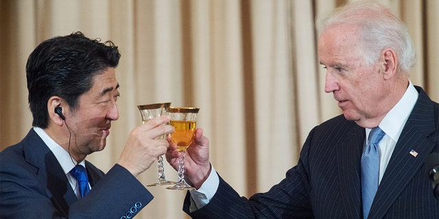 Then-Vice President Joe Biden toasting Prime Minister Shinzo Abe at the State Department in Washington on April 28, 2015.