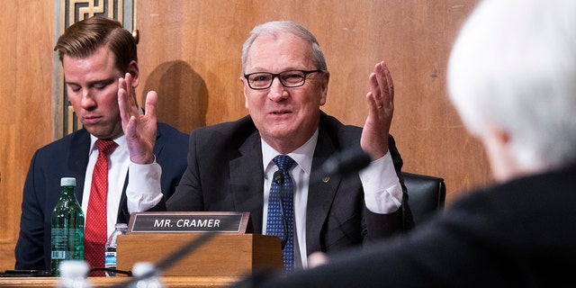 Sen. Kevin Cramer, R-N.D., questions Treasury Secretary Janet Yellen during the Senate Banking, Housing, and Urban Affairs Committee hearing in Washington May 10, 2022 in Washington.