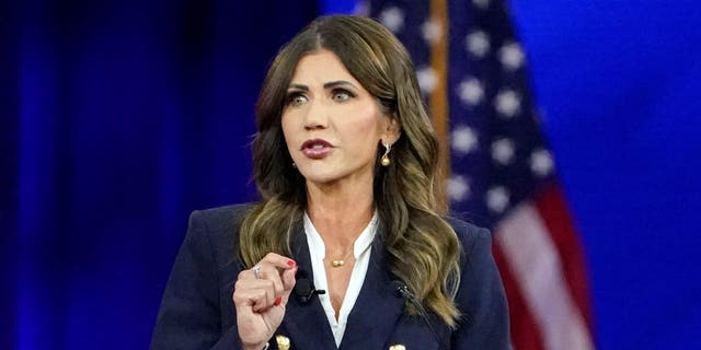 FILE - South Dakota Gov. Kristi Noem speaks at the Conservative Political Action Conference on Feb. 25, 2022, in Orlando, Florida.