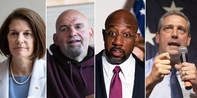 From left: Sen. Catherine Cortez Masto, D-Nev., Pennsylvania Democratic Senate nominee John Fetterman, Sen. Raphael Warnock, D-Ga., and Ohio Democratic Senate nominee Tim Ryan.