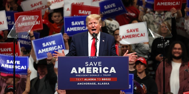 ANCHORAGE, ALASKA - JULY 09: Former U.S. President Donald Trump speaks during a "Save America" rally at Alaska Airlines Center on July 09, 2022 in Anchorage, Alaska. (Photo by Justin Sullivan/Getty Images)