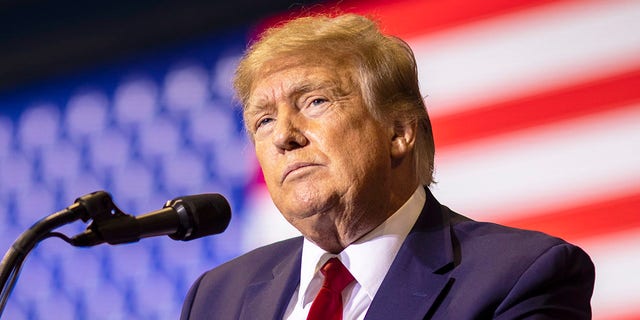 Former President Donald Trump speaks at a rally on May 28, 2022 in Casper, Wyoming. The rally is being held to support Harriet Hageman, Rep. Liz Cheney’s primary challenger in Wyoming.