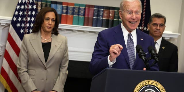 President Joe Biden delivers remarks on reproductive rights as (L-R) Vice President Kamala Harris, and Secretary of Health and Human Services Xavier Becerra listen during an event at the Roosevelt Room of the White House on July 8, 2022 in Washington, DC.