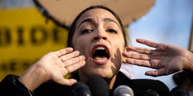 Rep. Alexandria Ocasio-Cortez speaks during a rally for immigration outside the U.S. Capitol, Dec. 7, 2021.