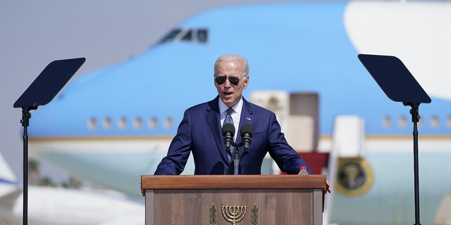 President Biden speaks during an arrival ceremony after arriving at Ben Gurion Airport July 13 in Tel Aviv, Israel.