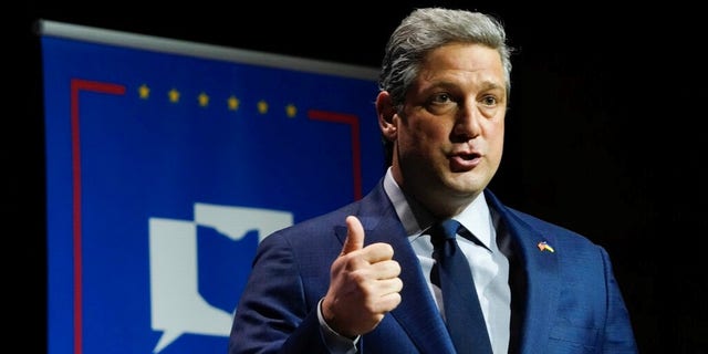 U.S. Senate Democratic candidate Rep. Tim Ryan answers a question during Ohio's Senate Democratic primary debate on March 28, 2022, at Central State University in Wilberforce, Ohio.