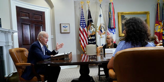 President Joe Biden speaks during a meeting with state and local elected officials about reproductive health care, in the Roosevelt Room of the White House, Friday, Aug. 26, 2022, in Washington.