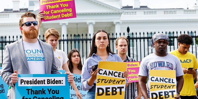 Student loan borrowers stage a rally in front of the White House to celebrate President Biden canceling some student debt.