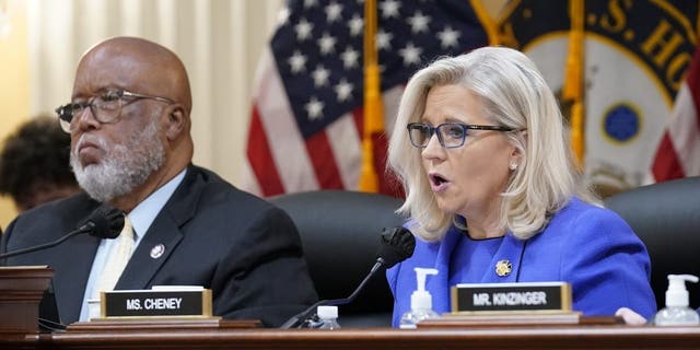 Vice Chair Liz Cheney, R-Wyo., gives her opening remarks as Committee Chairman Rep. Bennie Thompson, D-Miss., left, looks on, as the House select committee investigating the Jan. 6 attack on the U.S. Capitol holds its first public hearing to reveal the findings of a year-long investigation, at the Capitol in Washington, Thursday, June 9, 2022. 