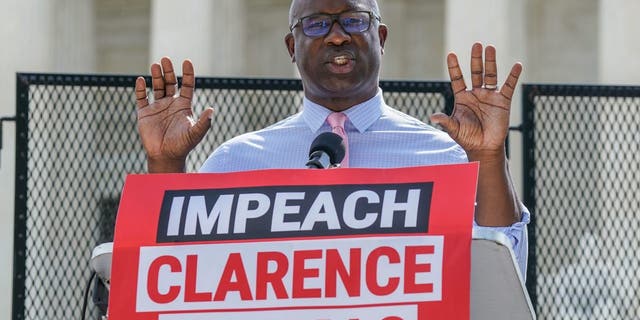 Rep. Jamaal Bowman (D-NY) speaks at a demonstration where MoveOn.org delivered over 1 million signatures calling for Congress to immediately investigate and impeach Clarence Thomas at the US Supreme Court on July 28, 2022 in Washington, DC. 