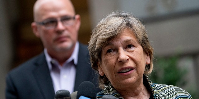 Randi Weingarten, president of the American Federation of Teachers and a member of the AFL–CIO, speaks alongside Michael Mulgrew, president of the United Federation of Teachers, a New York City teachers union, left, during a news conference, Monday, Oct. 4, 2021, in the Manhattan borough of New York. 