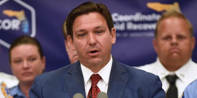 Florida Gov. Ron DeSantis speaks at a press conference to announce the expansion of a new, piloted substance abuse and recovery network