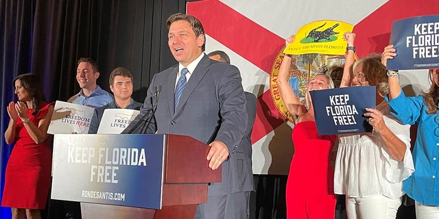 Florida Gov. Ron DeSantis addresses crowd at Florida GOP primary night event in Hialeah, Fla. (Ronn Blitzer, Fox News)