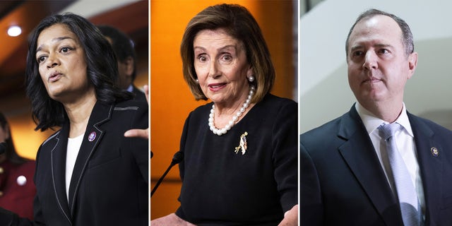 From left to right: Rep. Pramila Jayapal, D-Wash., House Speaker Nancy Pelosi, D-Calif., Rep. Adam Schiff, D-Calif.