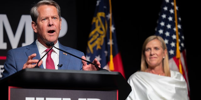 Governor Brian Kemp, R-GA, speaks during an election night party after winning renomination to be the Republican candidate for Governor.