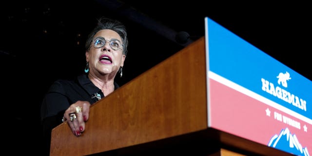 Republican congressional candidate Harriet Hageman speaks during her primary election night party in Cheyenne, Wyoming, U.S., August 16, 2022.