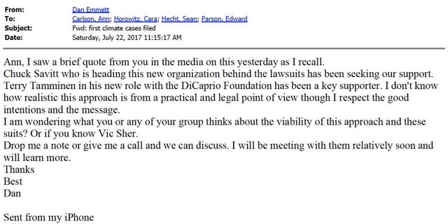 Emmett mentions to Carlson that the Leonardo DiCaprio Foundation has been a "key supporter" of Sher Edling's litigation.