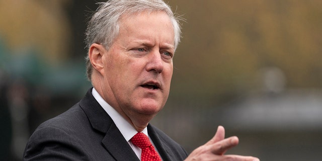 Then-White House chief of staff Mark Meadows speaks with reporters at the White House, Oct. 21, 2020, in Washington, D.C. 