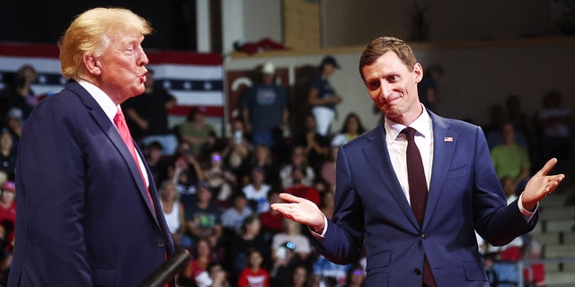 Former President Trump stands with Republican Senate candidate Blake Masters at a "Save America’"rally in support of Arizona GOP candidates July 22, 2022, in Prescott Valley, Ariz.