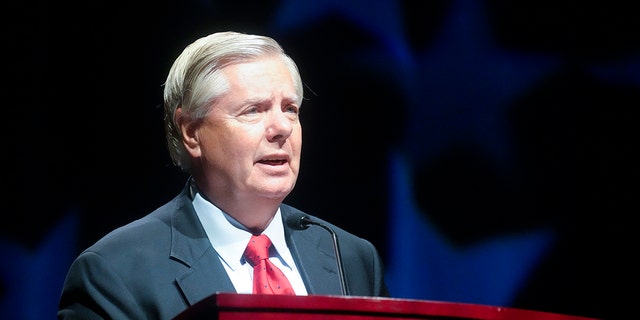 Sen. Lindsey Graham, R-S.C., addresses a South Carolina GOP dinner July 29, 2022, in Columbia, S.C. 