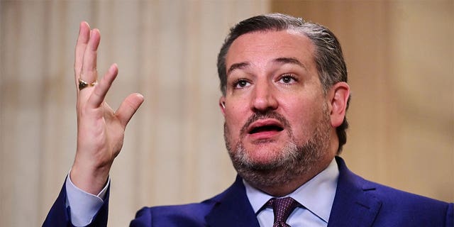 Sen. Ted Cruz, R-Tex., speaks during a television interview in response to U.S. President Joe Biden's first address to a joint session of the U.S. Congress