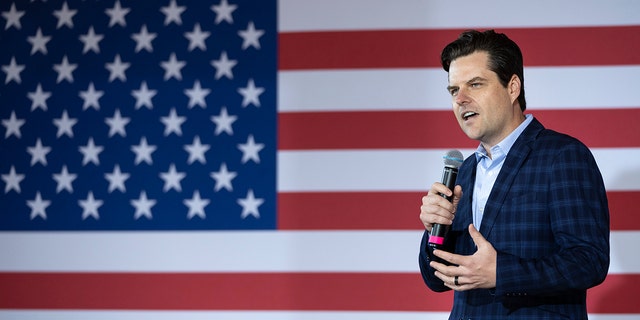 NEWARK, OH - APRIL 30: Rep. Matt Gaetz (R-FL) speaks during a campaign rally for J.D. Vance, a Republican candidate for U.S. Senate in Ohio, at The Trout Club on April 30, 2022 in Newark, Ohio
