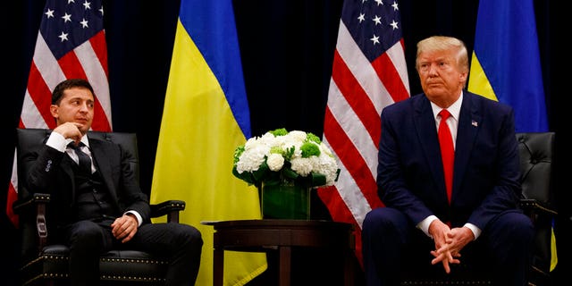 President Donald Trump meets with Ukrainian President Volodymyr Zelenskiy at the InterContinental Barclay New York hotel during the United Nations General Assembly, Wednesday, Sept. 25, 2019, in New York. (AP Photo/Evan Vucci)