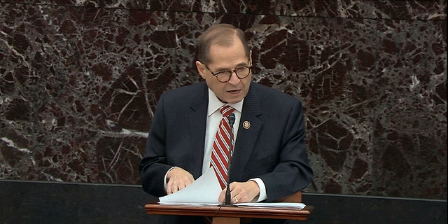 In this image from video, House impeachment manager Rep. Jerrold Nadler, D-N.Y., speaks during the impeachment trial against President Donald Trump in the Senate at the U.S. Capitol in Washington, Thursday, Jan. 23, 2020. (Senate Television via AP)